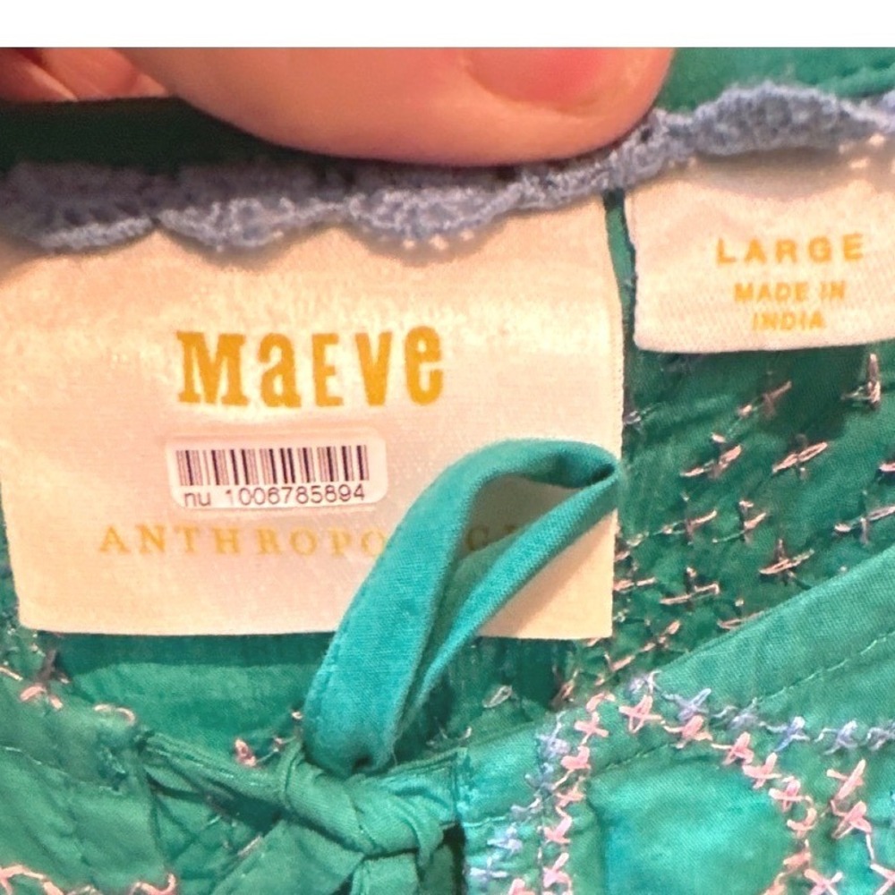Maeve Anthropologie Emerald Green Embroidered Ruffle Sleeve Peplum Top L - Picture 6 of 8